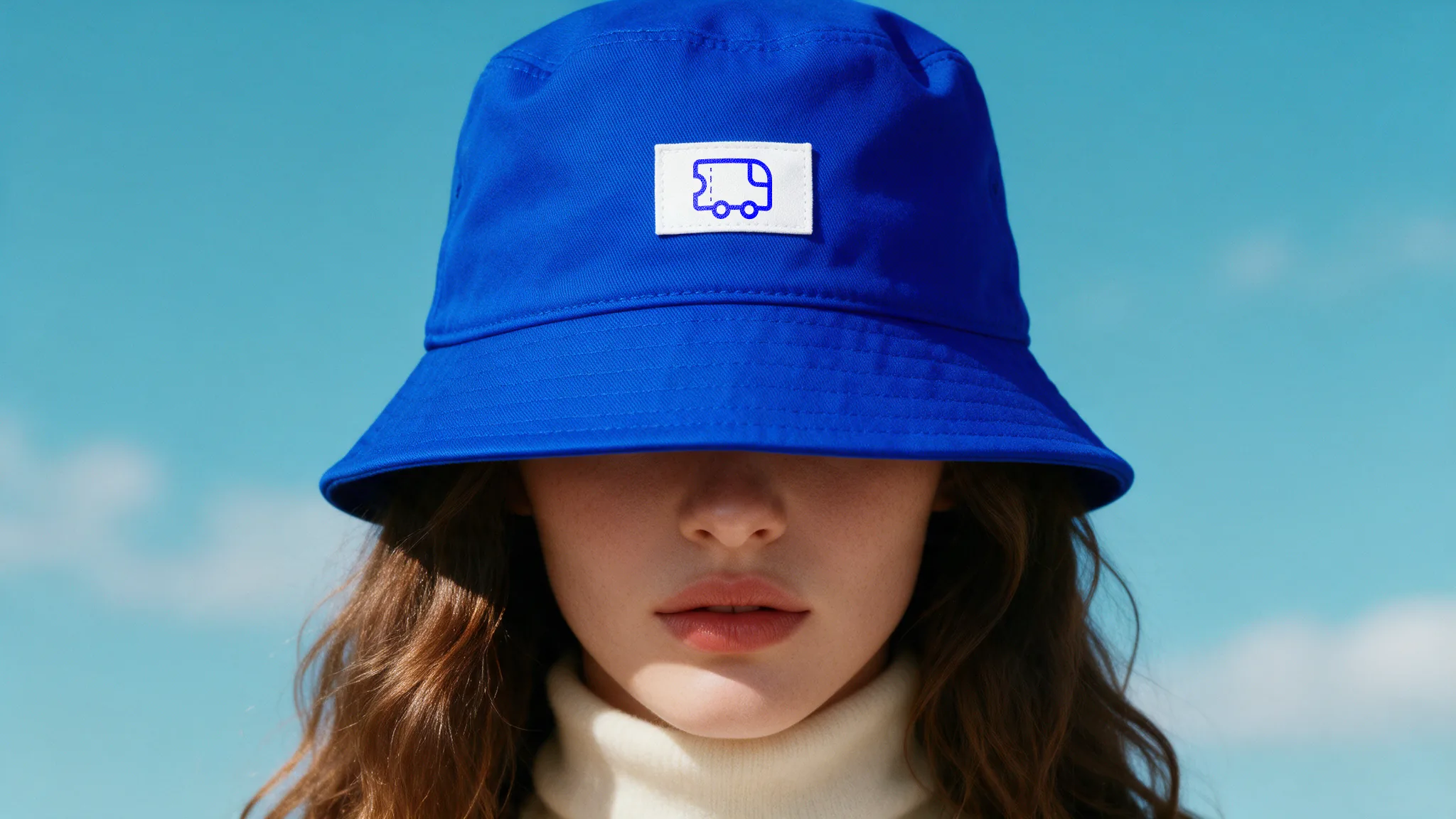 Passe Digital, chapéu bucket azul com a etiqueta da marca