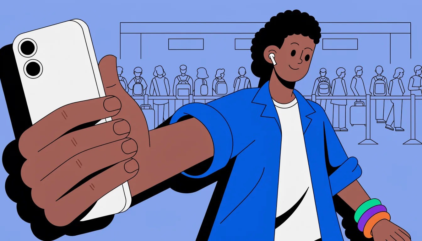 Ilustração de passageiro comprando a passagem no celular ao lado da fila do guichê