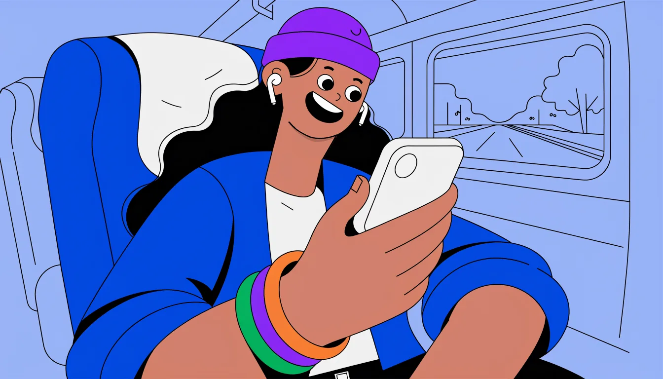 Ilustração de passageira ouvindo música no ônibus