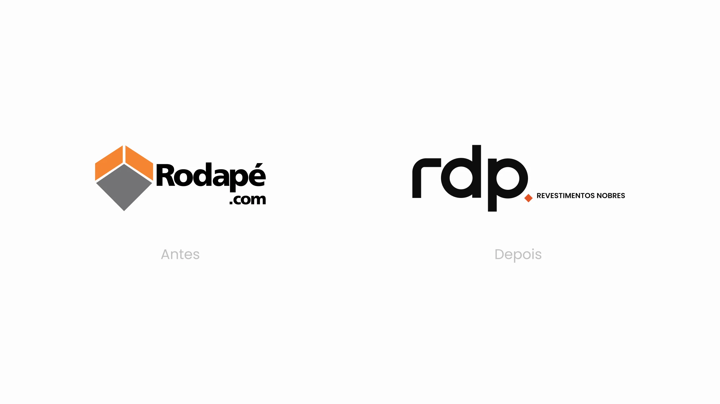 Logotipo antigo da Rodapé.com ao lado do novo logotipo da RDP Revestimentos Nobres