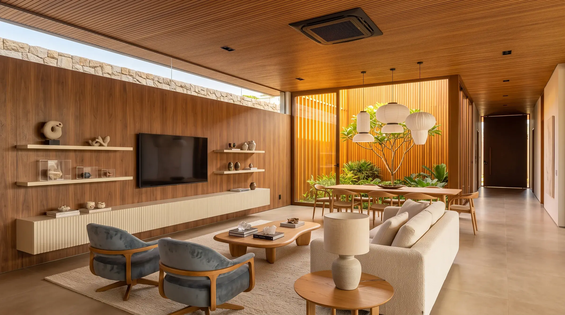 Sala de estar com painéis e forro em madeira natural